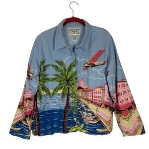 Vintage Cotton Shirt Jacket Small Coastal Scenic Palm Tree Island Artsy Boho